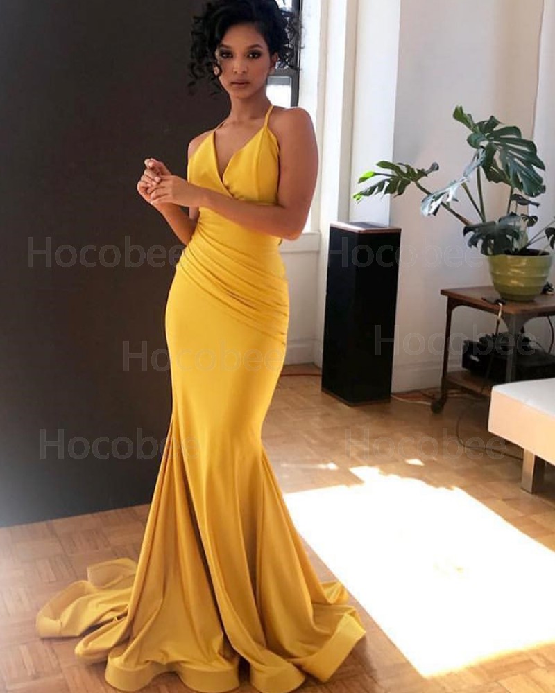 Simple Yellow Ruched Spaghetti Straps Mermaid Prom Dress pd1577