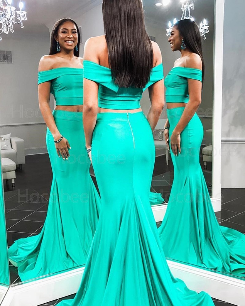 Two Piece Off the Shoulder Green Mermaid Prom Dress pd1588