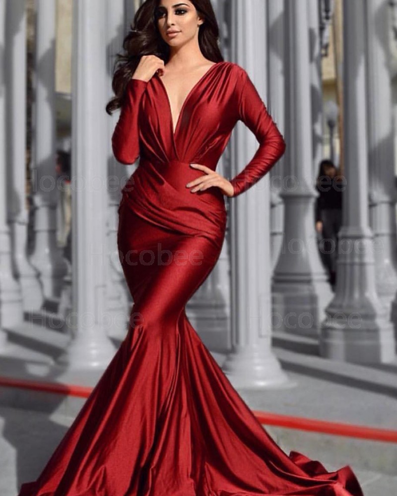 Deep V-neck Satin Mermaid Burgundy Ruched Prom Dress with Long Sleeves pd1590