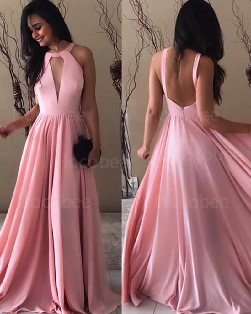 Simple Cutout Pink Pleated High Neck Long Formal Dress pd1597