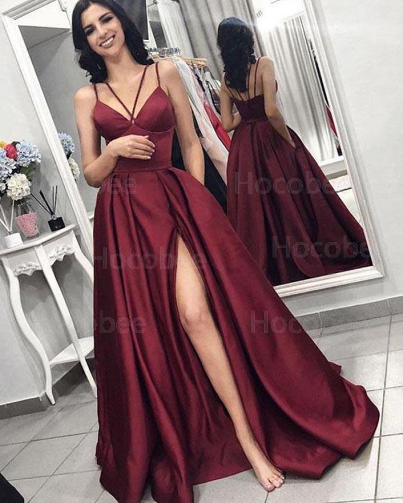 Double Spaghetti Straps Pleated Burgundy Satin Prom Dress with Side Slit pd1602