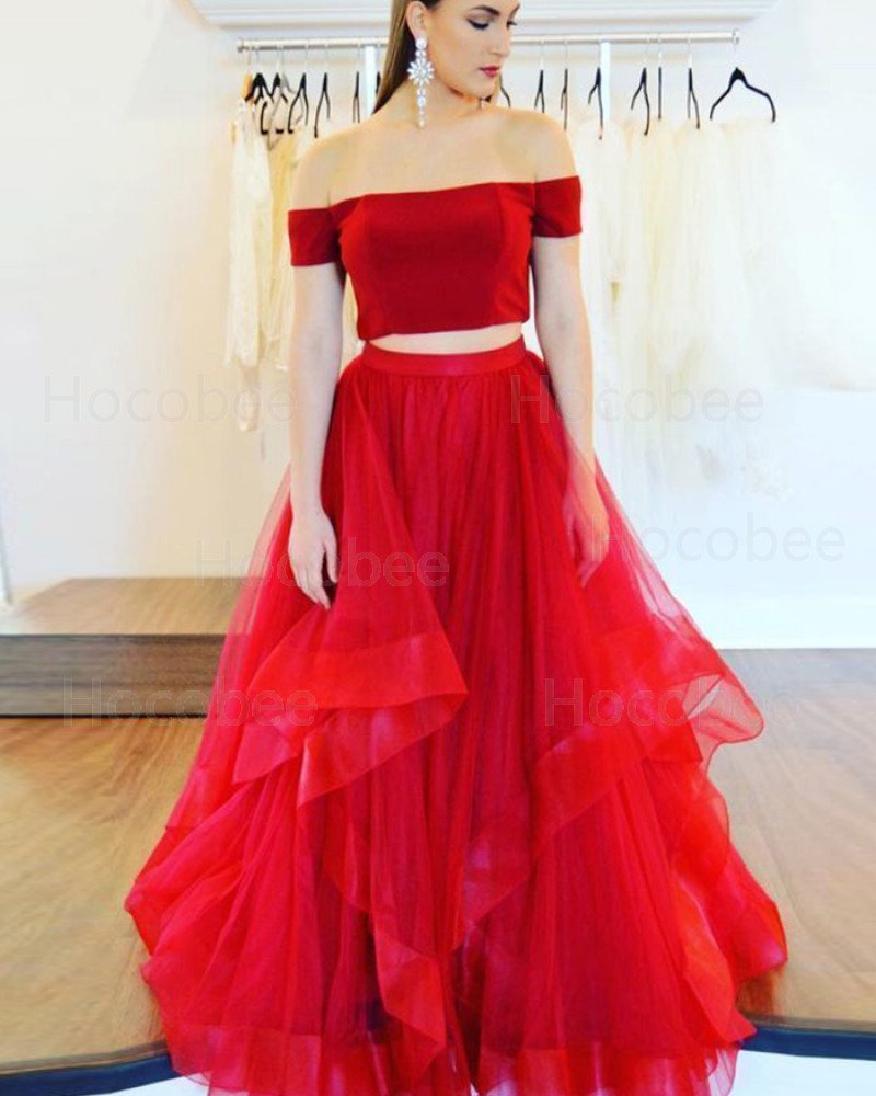 Red Two Piece Tulle Ruffled Off the Shoulder Prom Dress pd1604