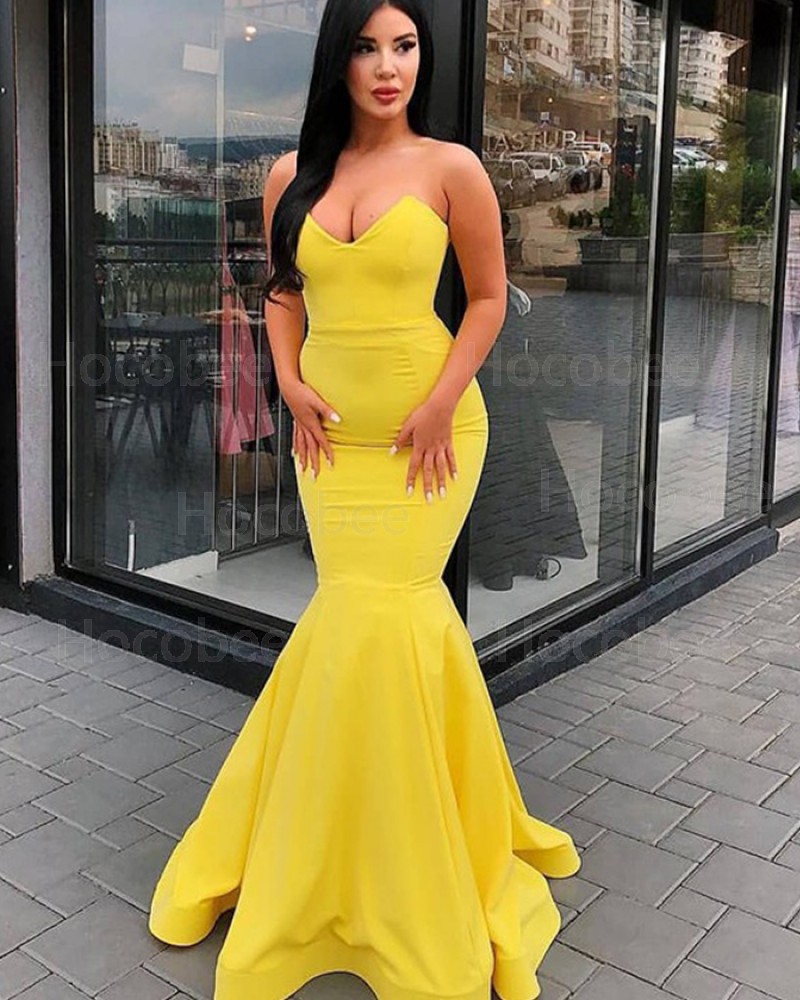 Simple Sweetheart Mermaid Style Yellow Prom Dress pd1607