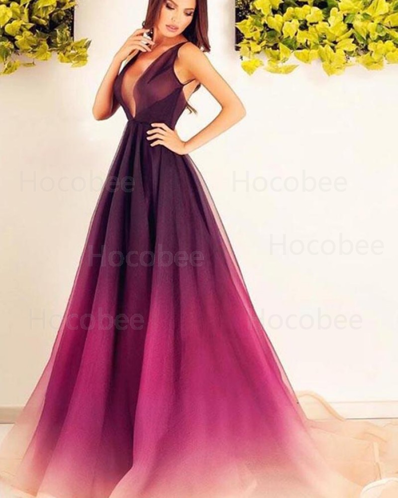 V-neck Ombre Tulle Pleated Evening Dress pd1619