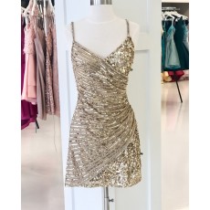 Spaghetti Straps Gold Sparkle Beading Tight Short Formal Dress HD3626