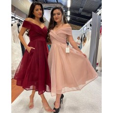 Off the Shoulder Ruched Tulle Burgundy Ankle Length Formal Dress with Pockets HD3639