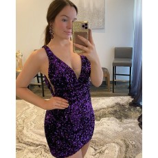 Dark Purple V-neck Sequin Bodycon Short Homecoming Dress HD3646