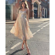 Gold Sequin Spaghetti Straps Knee Length Short Homecoming Dress HD3706