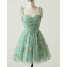 Floral Lace Mint Ruched Square Neckline Short Formal Dress HD3757