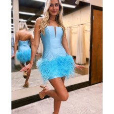 Beading Satin Light Blue Tight Strapless Short Formal Dress with Feathers HD3775