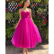 Fuchsia Ankle Length Lace Tulle Spaghetti Straps Graduation Dress HD3776