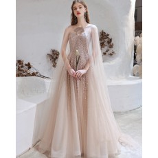 Sweetheart Sequin Tulle Rose Gold Evening Dress with Tulle Cape HG991021