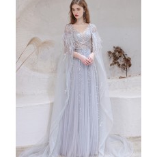 Dusty Blue Sequin V-neck Tulle Evening Dress with Feather Cape HG991022