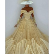Light Yellow Glitter Pleated Off the Shoulder Evening Dress with Long Sleeves PD2099
