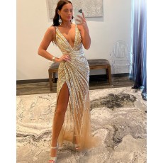 V-neck Strip Sequin Champagne Formal Dress with Side Slit PD2497