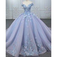 Dusty Blue Applique Tulle Off the Shoulder Ball Gown Quinceanera Dress PD2546