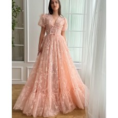 Light Pink Lace A-line V-neck Long Formal Dress with Short Sleeves PM2678