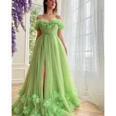 Sage Pleated Tulle Off the Shoulder Long Formal Dress with Side Slit & Handmade Flowers PM2681