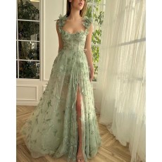 Lace Mint Applique Square Neckline Long Formal Dress with Side Slit PM2682