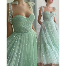Mint Ruched Polka Dot Ankle Length Square Neckline Graduation Dress with Pockets PM2684