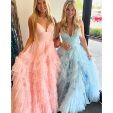 Ruffled Tulle Pink Spaghetti Straps Ball Gown Long Formal Dress PM2692