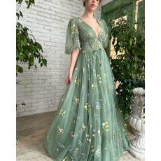 Floral Lace Mint Tulle Side Slit V-neck Long Formal Dress Half Length Sleeves PM2699