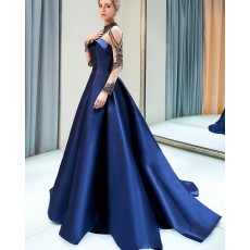 High Neck Beading Royal Blue Satin Evening Gown with Long Sleeves QD005