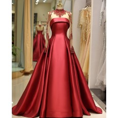 Beading Bodice High Neck Satin Red Pleated Evening Gown with Long Sleeves QD036