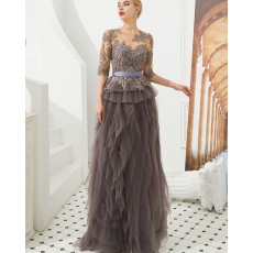 Jewel Lace Applique Brown Ruffle Evening Dress with Half Length Sleeves