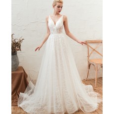 A-line V-neck Lace Tulle White Wedding Dress with Lace Up QDWD002