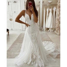 V-neck Lace Mermaid Wedding Dress with Detachable Train WD2328