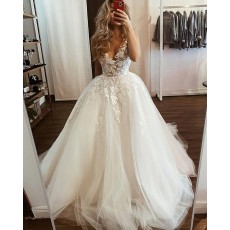 Tulle White V-neck Lace Applique Wedding Dress WD2435
