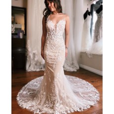 Lace Beaded White Mermaid V-neck Bridal Dress WD2586