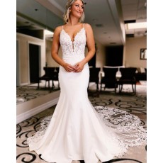 White Spaghetti Straps Lace Bodice Mermaid Bridal Dress WD2603