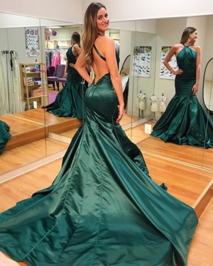 Simple High Neck Dark Green Mermaid Evening Dress PD1004