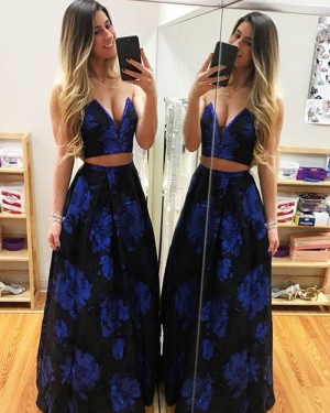 Two Piece Sweetheart Floral Print Satin Prom Dress PD1007
