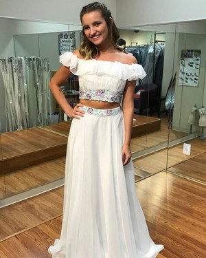 Two Piece Off the Shoulder Chiffon White Long Formal Dress PD1008