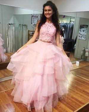 High Neck Pink Lace Bodice Ruffled Ball Gown Prom Dress PD1009