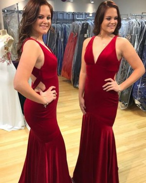 Red V-neck Satin Mermaid Prom Dress with Open Back PD1012