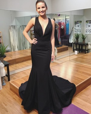 Deep V-neck Satin Mermaid Long Evening Dress with Court Train PD1017