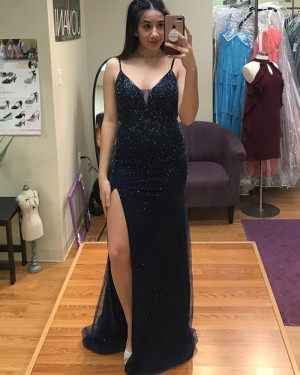 Black Spaghetti Straps Sequin Prom Dress with High Slit PD1018