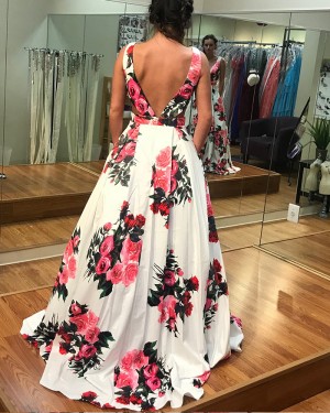 Floral Print Satin Prom Dress with Pockets PD1019