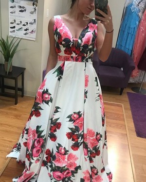 Floral Print Satin Prom Dress with Pockets PD1019
