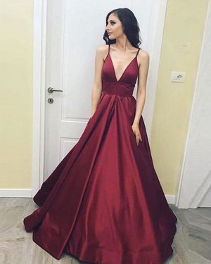 Deep V-neck Satin Burgundy Evening Gown with Pockets PD1021