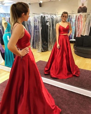 Two Piece Spaghetti Straps Satin Red Long Formal Dress with Pockets PD1024