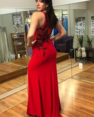 Scoop Red Appliqued Chiffon Sheath Prom Dress with High Slit PD1025