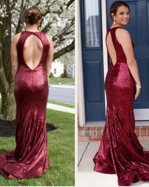 Jewel Mermaid Rose Red Sequined Mermaid Long Prom Dress with Open Back PD1028