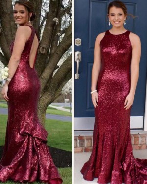 Jewel Mermaid Rose Red Sequined Mermaid Long Prom Dress with Open Back PD1028