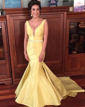 V-neck Yellow Satin Mermaid Long Formal Dress with Court Train PD1034