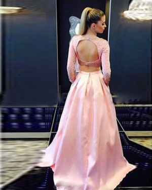 Two Piece Bateau Pink Beading Satin Long Sleeved Formal Dress with Pockets PD1035